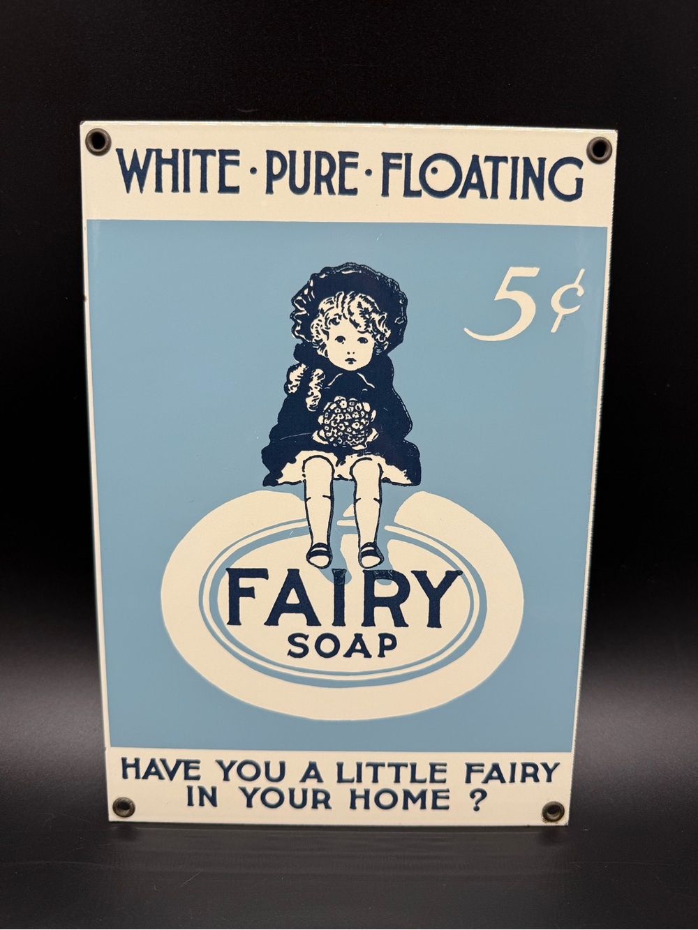 White-Pure-Floating Fairy Soap Porcelain Enameled Sign Andy Rooney 7" x 10" VTG
